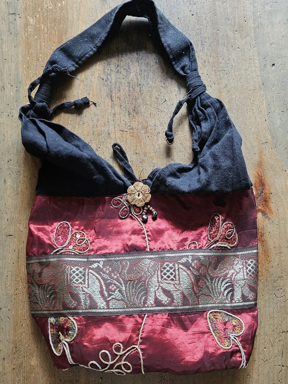 Thai Bohemian Boho Crossbody Purse - Red & Gold Elephant Fabric Bag